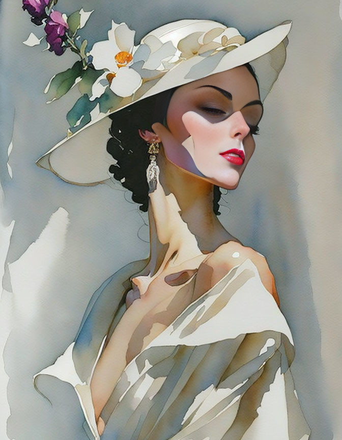 Elegant woman in wide-brimmed hat with floral adornments.