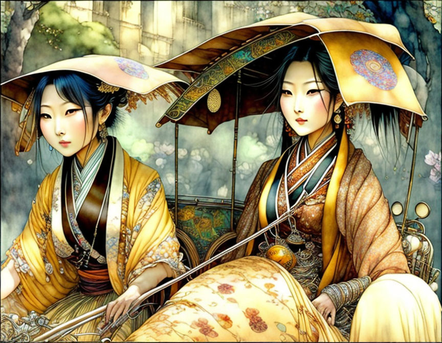 Illustration of two women in traditional Asian attire with elaborate hats and richly patterned garments