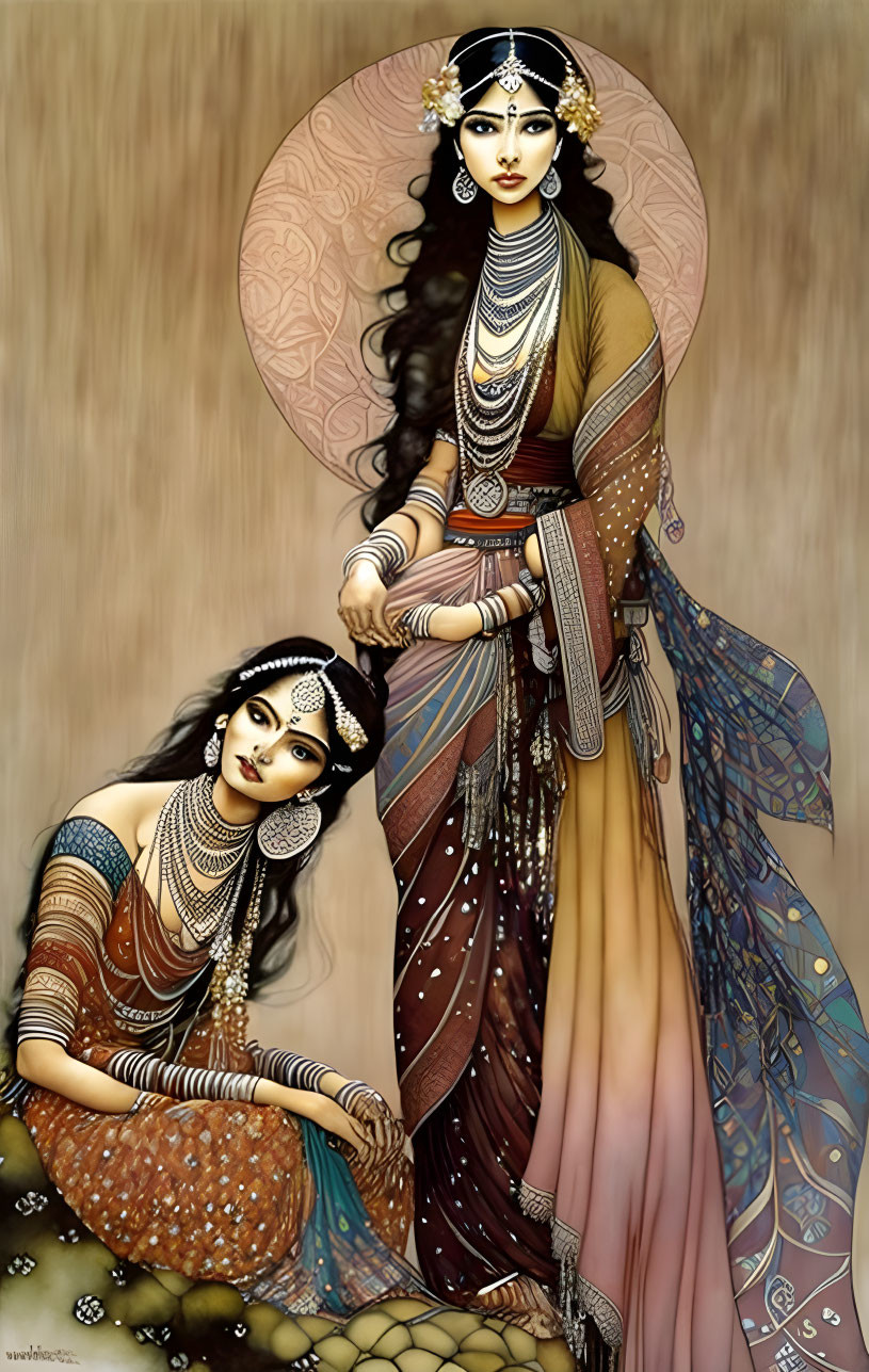 Traditional Indian Attire: Two Women with Fan and Jewelry on Beige Backdrop