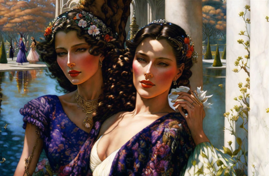 Two Women in Fantasy Setting with Detailed Attire and Serene Garden Background