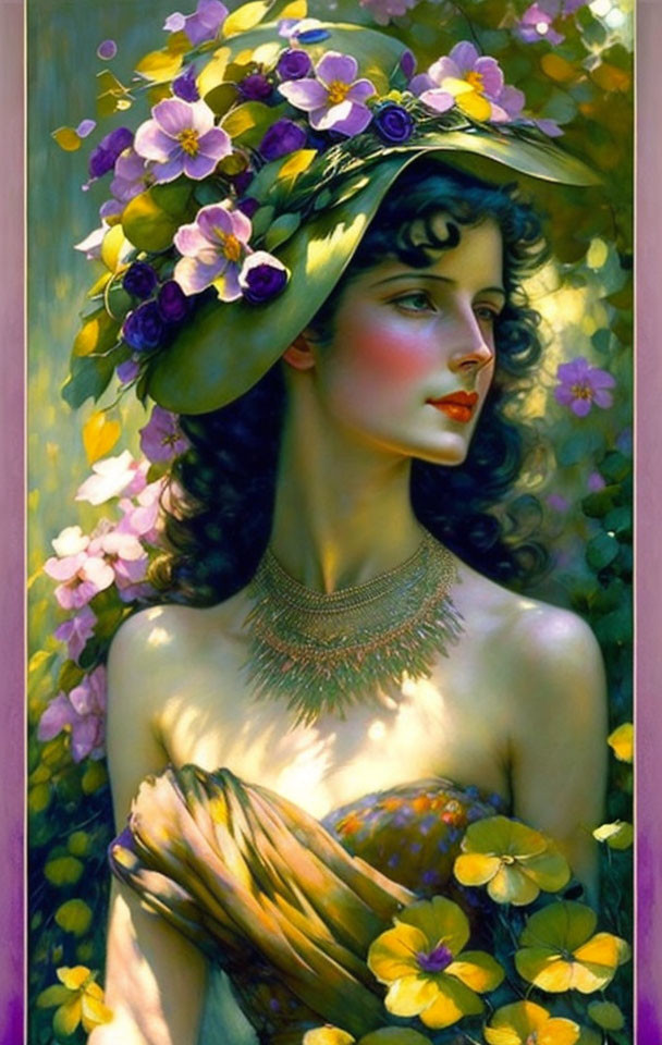 Illustrated woman with floral hat and necklace surrounded by purple and yellow flowers