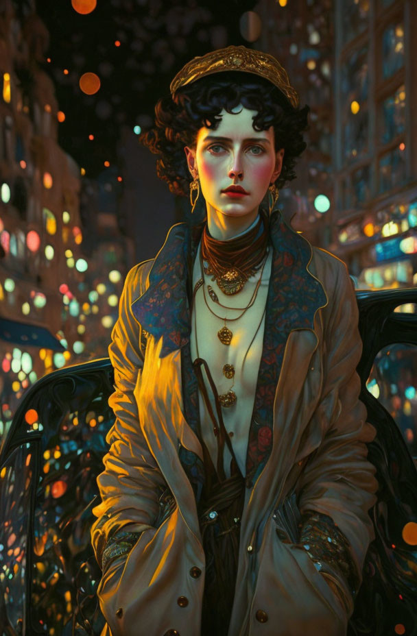 Vintage Attired Woman in Night City Lights with Mysterious Aura