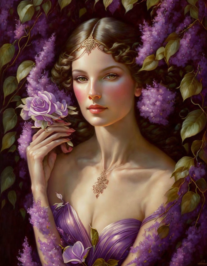 Woman with Wavy Hair Holding Purple Rose in Lilac Blossom Setting