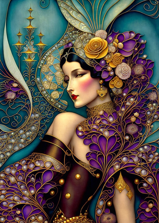 Art Nouveau Style Illustration of Elegant Female Figure in Purple and Gold