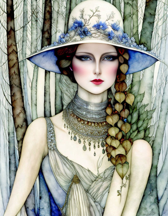 Illustrated woman with dramatic makeup and wide-brimmed hat in nature setting