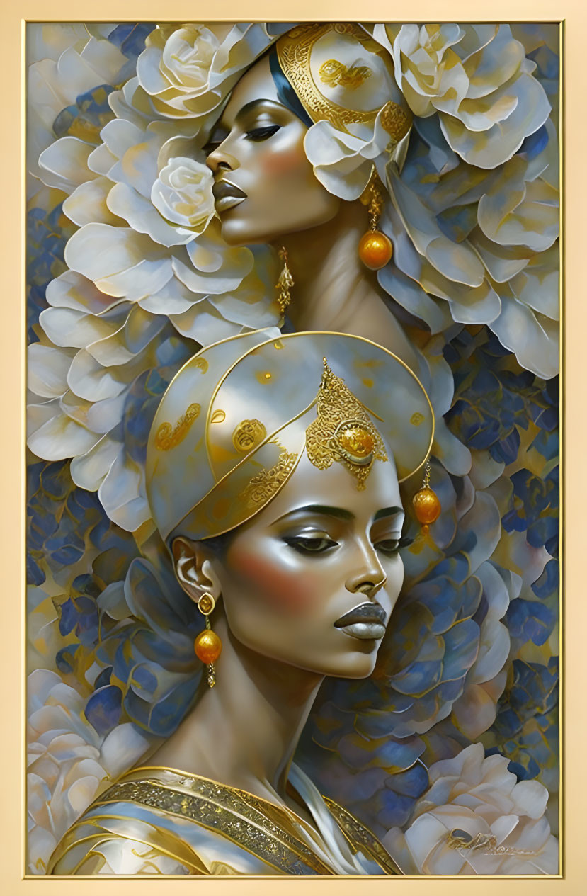 Two women in gold jewelry and headdresses with blue and white flowers.