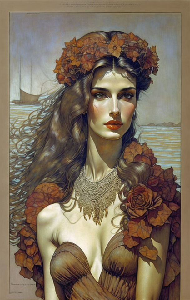 Illustrated portrait of woman with autumn leaves, necklace, and boat in background