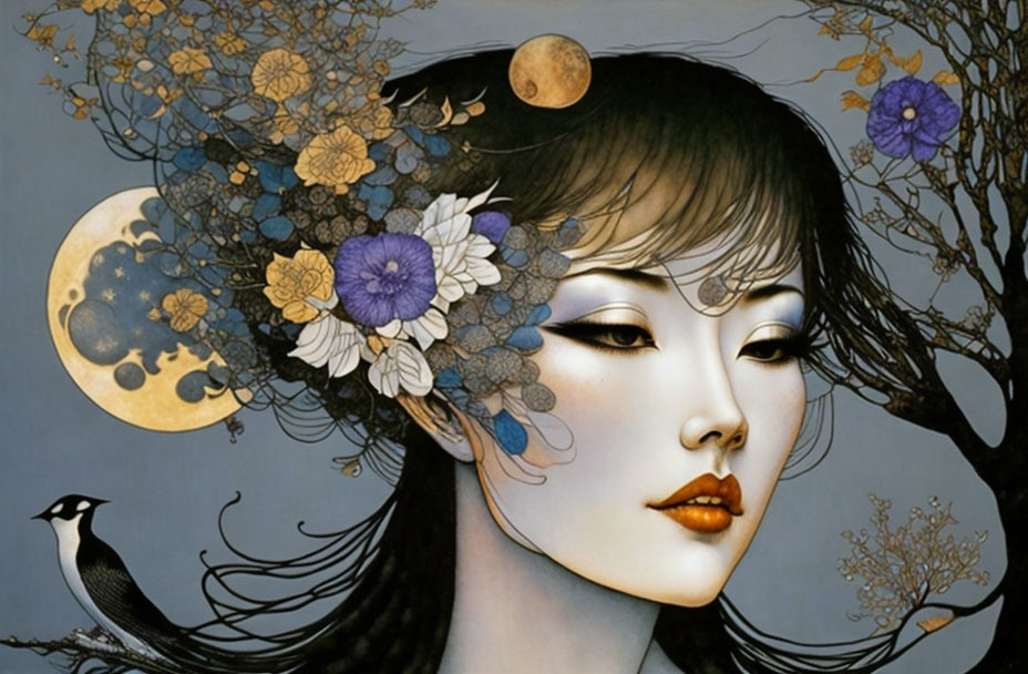 Surreal woman portrait with moon, flowers, and bird