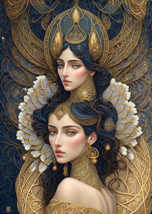 Detailed Illustration of Women in Elaborate Gold and Blue Headdresses