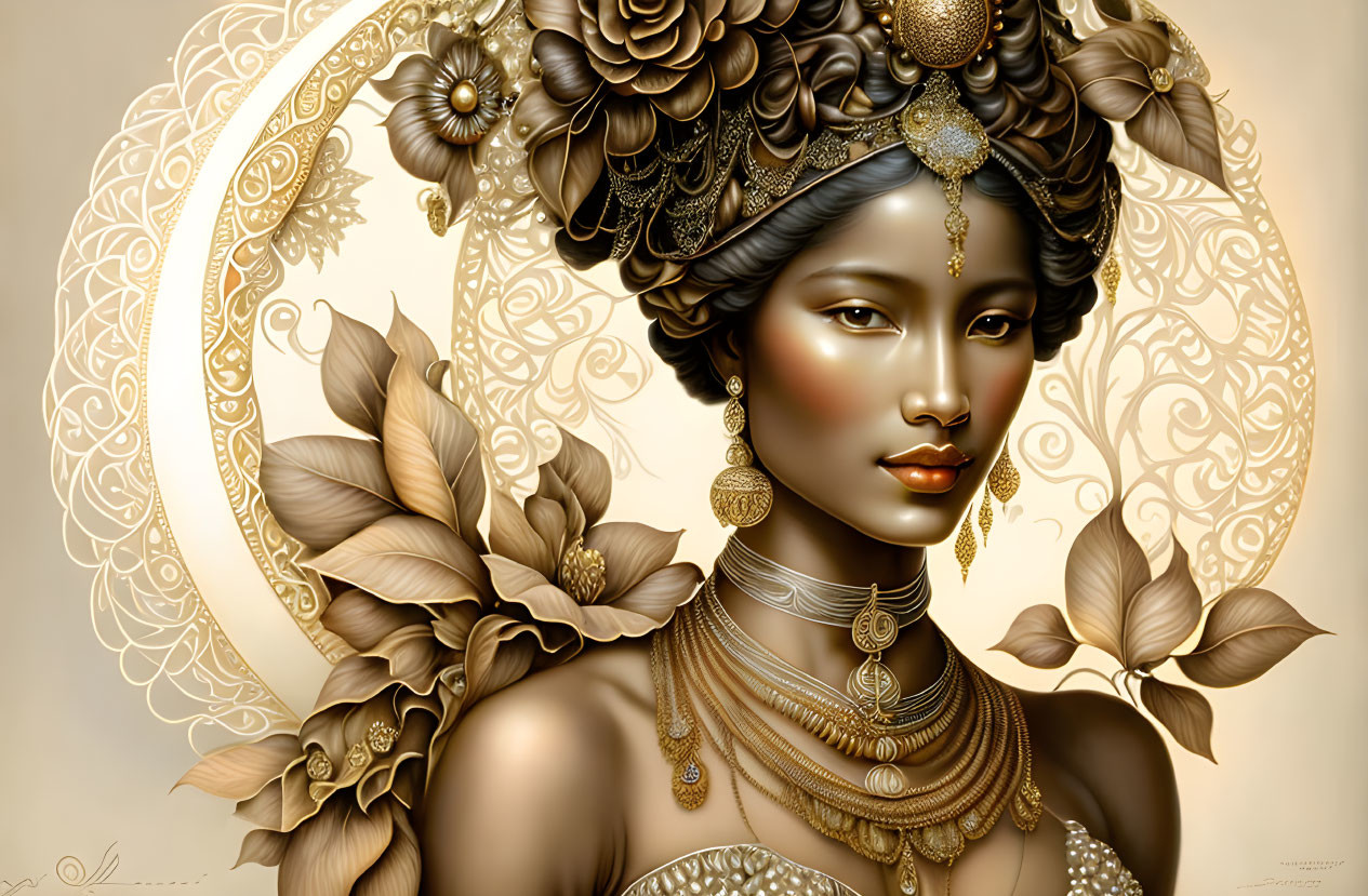 Woman with Golden Jewelry and Floral Accents on Ornate Background