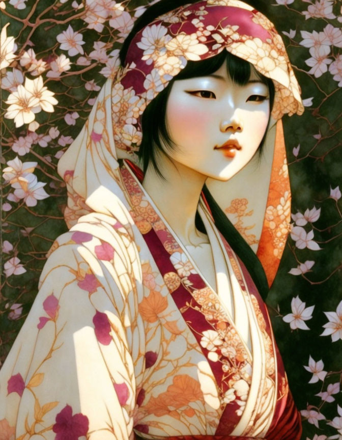 Pale woman in floral headscarf amid cherry blossoms