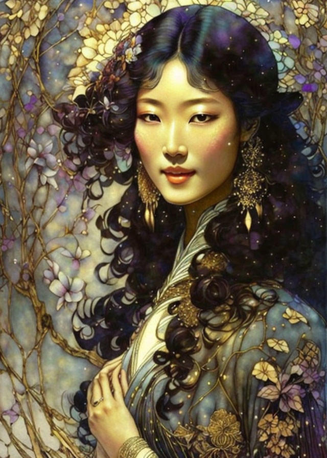 East Asian woman with black hair in gold ornaments on floral cosmic backdrop