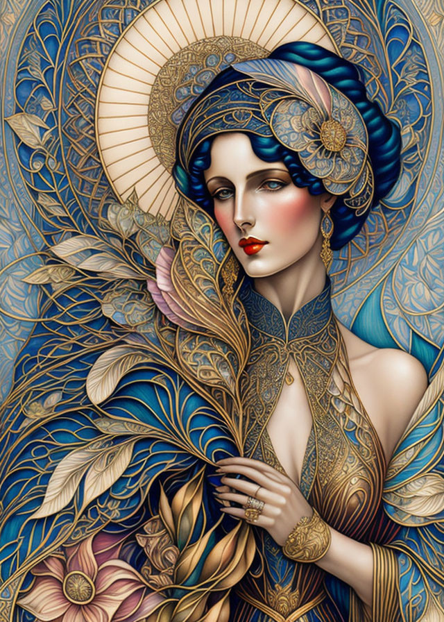 Art Nouveau Woman with Halo in Gold and Blue Attire and Floral Patterns