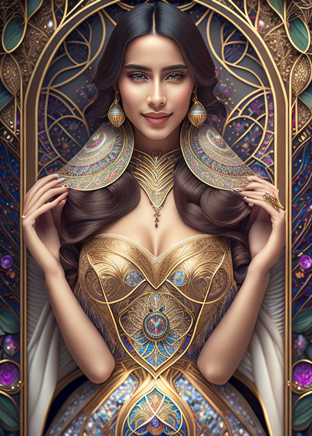 Detailed Art Nouveau Woman Illustration with Golden Jewelry and Ornate Designs