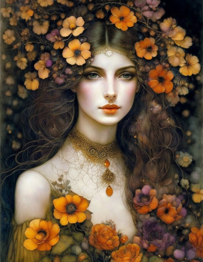 Portrait of woman with floral crown and necklace, orange blooms and cobweb-like details