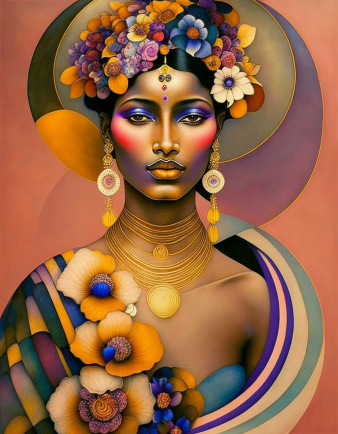 Colorful illustration of woman with dark skin and gold jewelry in vibrant setting