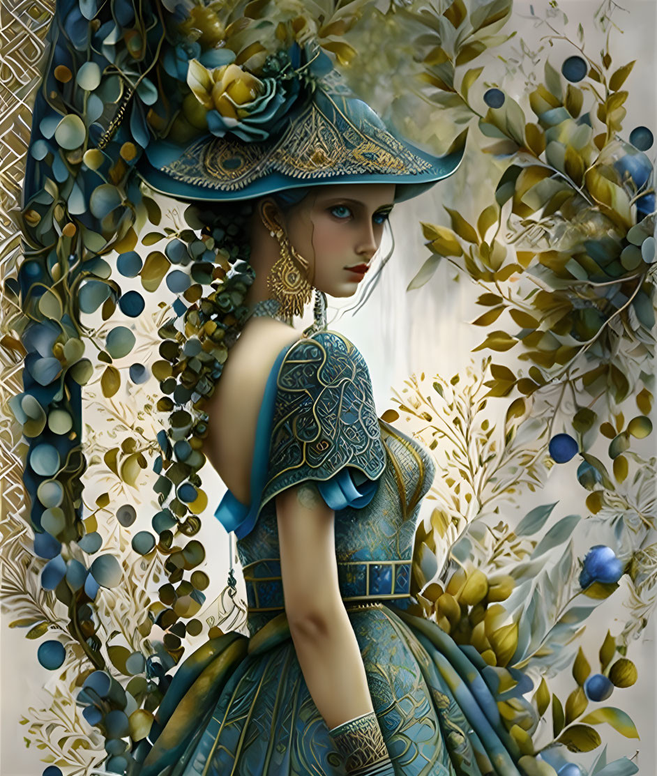 Detailed digital artwork of a woman in blue Victorian-style dress with gold patterns and foliage.