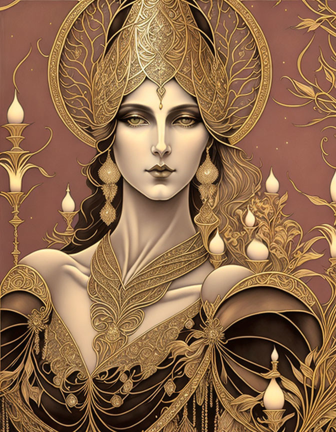 Regal woman illustration with ornate headdress and gold jewelry