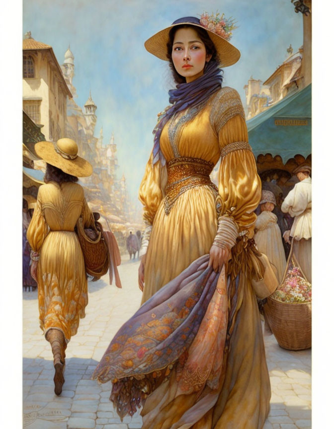 Historically dressed woman navigating busy market street