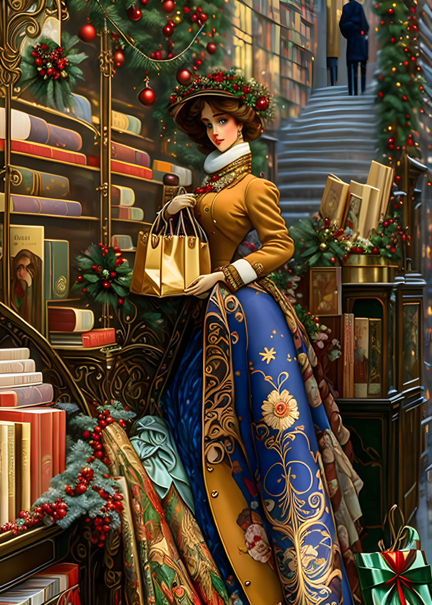 Victorian woman with holly hat by Christmas bookshelves.