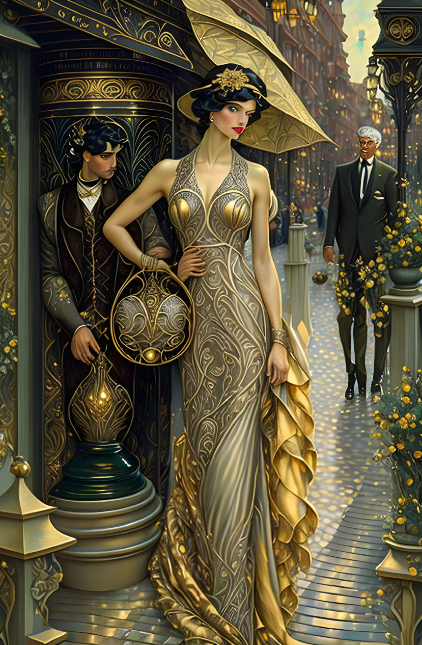 Vintage Art Deco Illustration: Elegant Woman in Golden Dress with Men in Luxurious Street