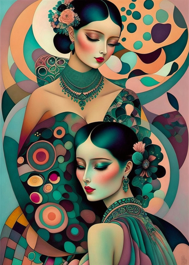 Stylized artistic representation of two women with floral accents and elaborate jewelry against colorful geometric backdrop.