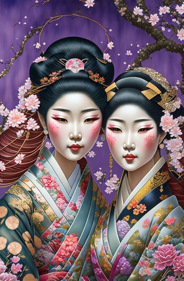 Two Geishas with Elaborate Hairstyles and Makeup Among Cherry Blossom Trees