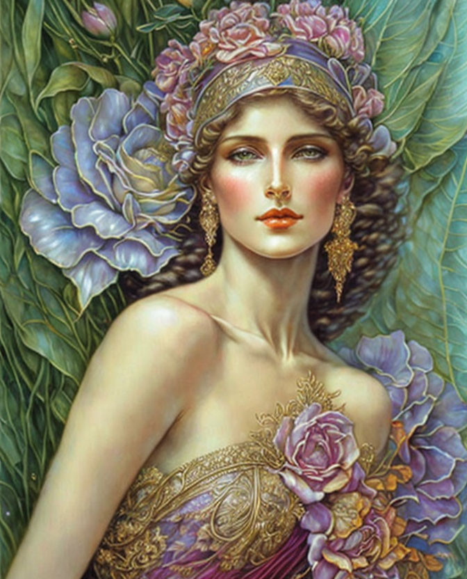 Illustrated portrait of woman with ornate headdress and jewelry in lush floral setting