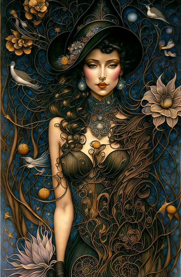 Illustrated woman with dark hair, floral hat, and nature-inspired outfit surrounded by swirling patterns