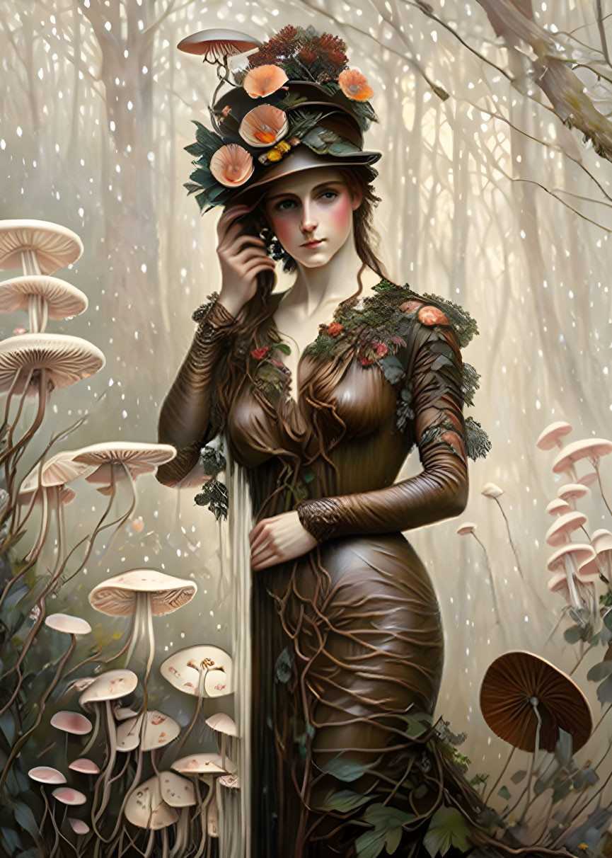 Portrait of woman with mushroom and plant motifs in forest setting