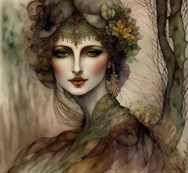 Illustration of woman with mystical aura in floral headdress and ornate jewelry against earth-toned foliage