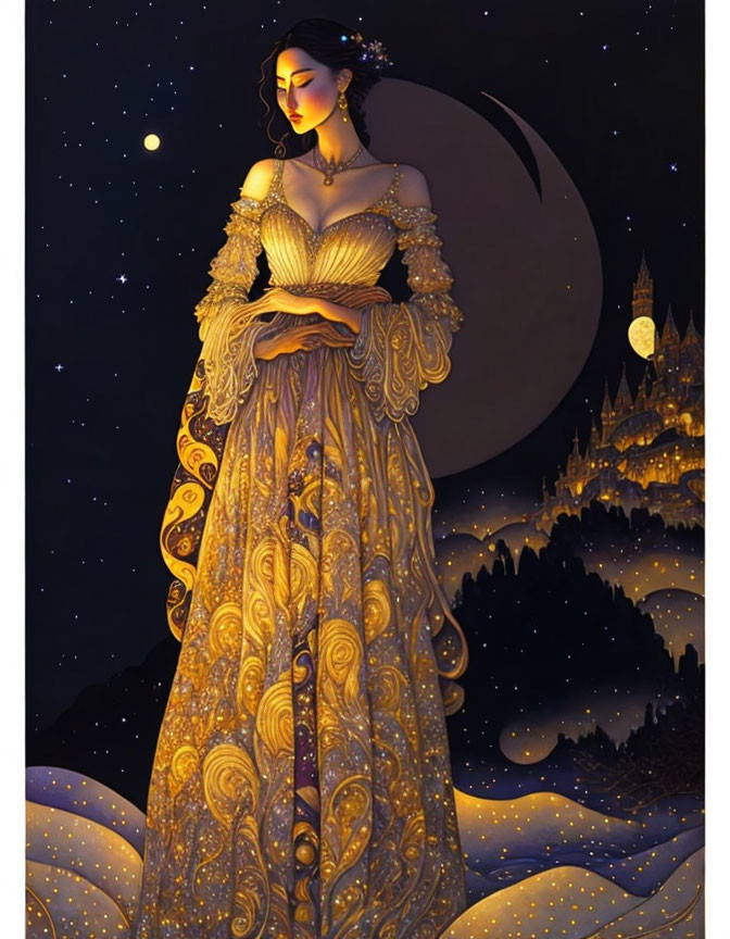 Illustrated woman in golden dress under crescent moon and starry sky with castle silhouette