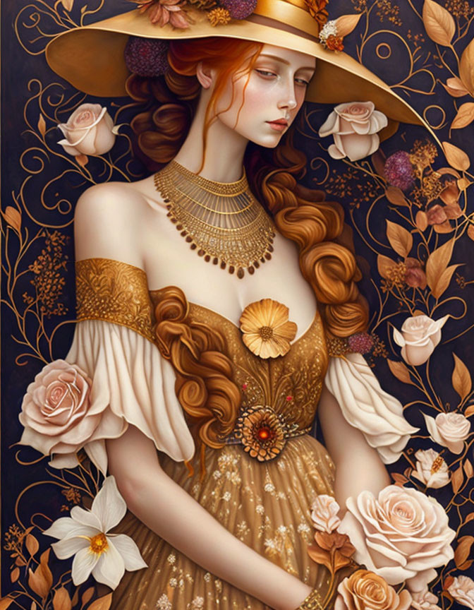 Woman with flowing red hair in ornate golden dress and hat with floral motifs