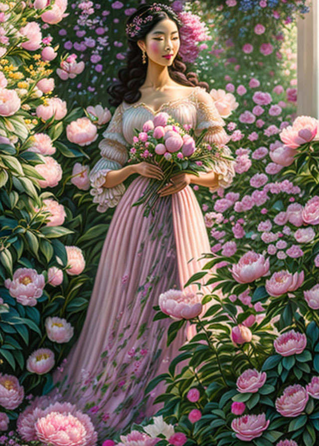 Woman in Pink Dress Surrounded by Greenery and Flowers