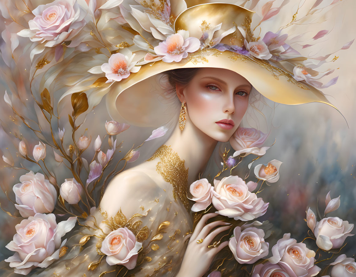 Woman in Golden Hat with Floral Motifs and Blush Roses