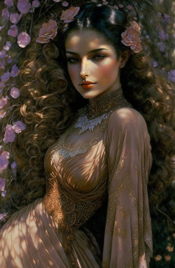 Detailed painting of woman with curly hair and pink flowers in golden dress