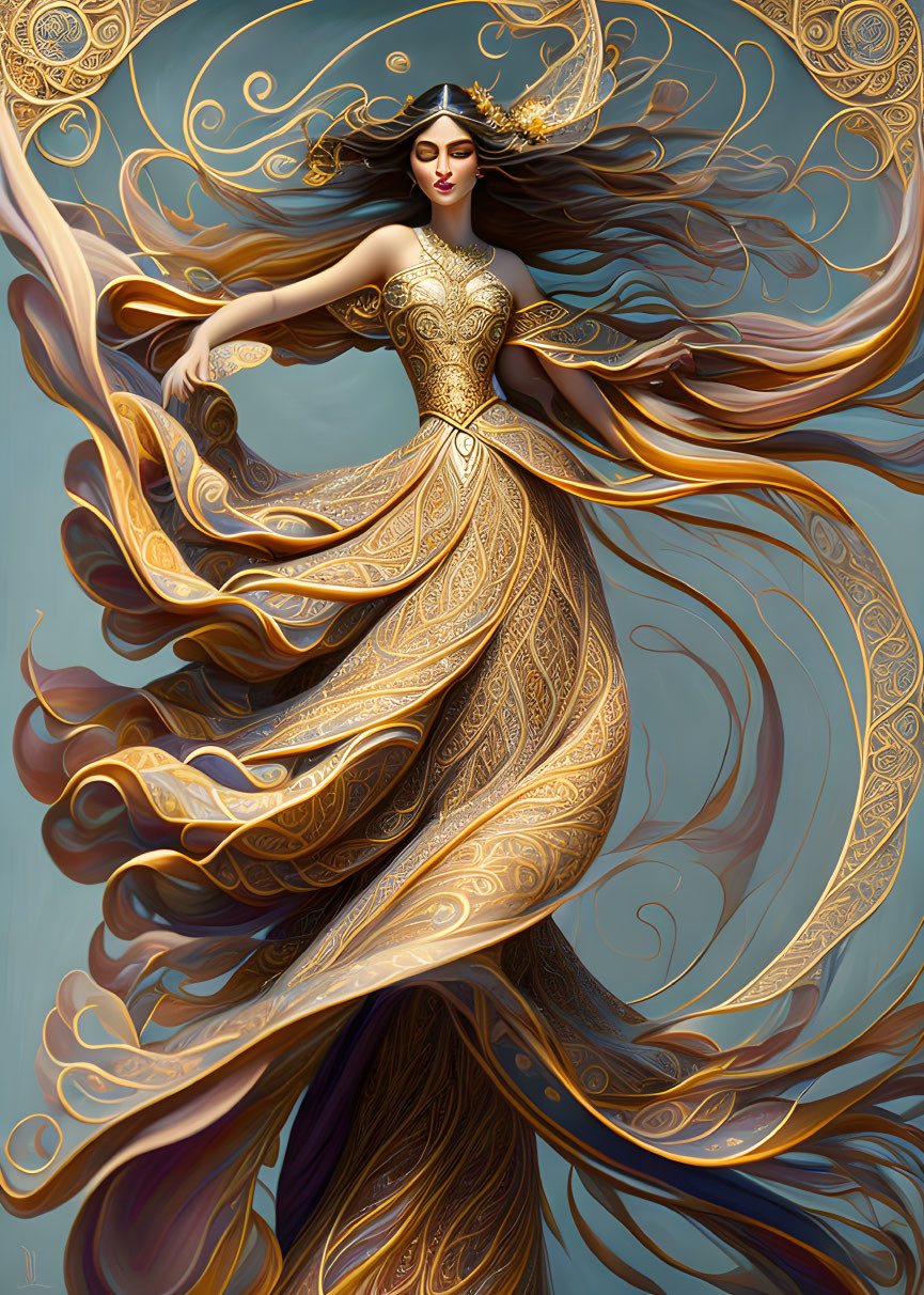 Stylized woman in ornate golden dress with swirling motifs