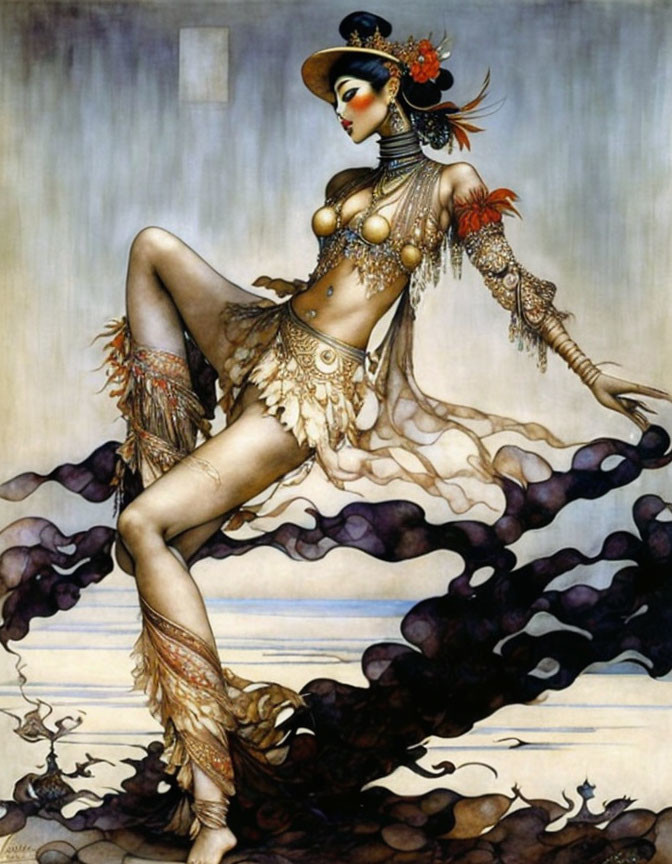 Stylized female figure with elaborate headdress and costume against fluid background