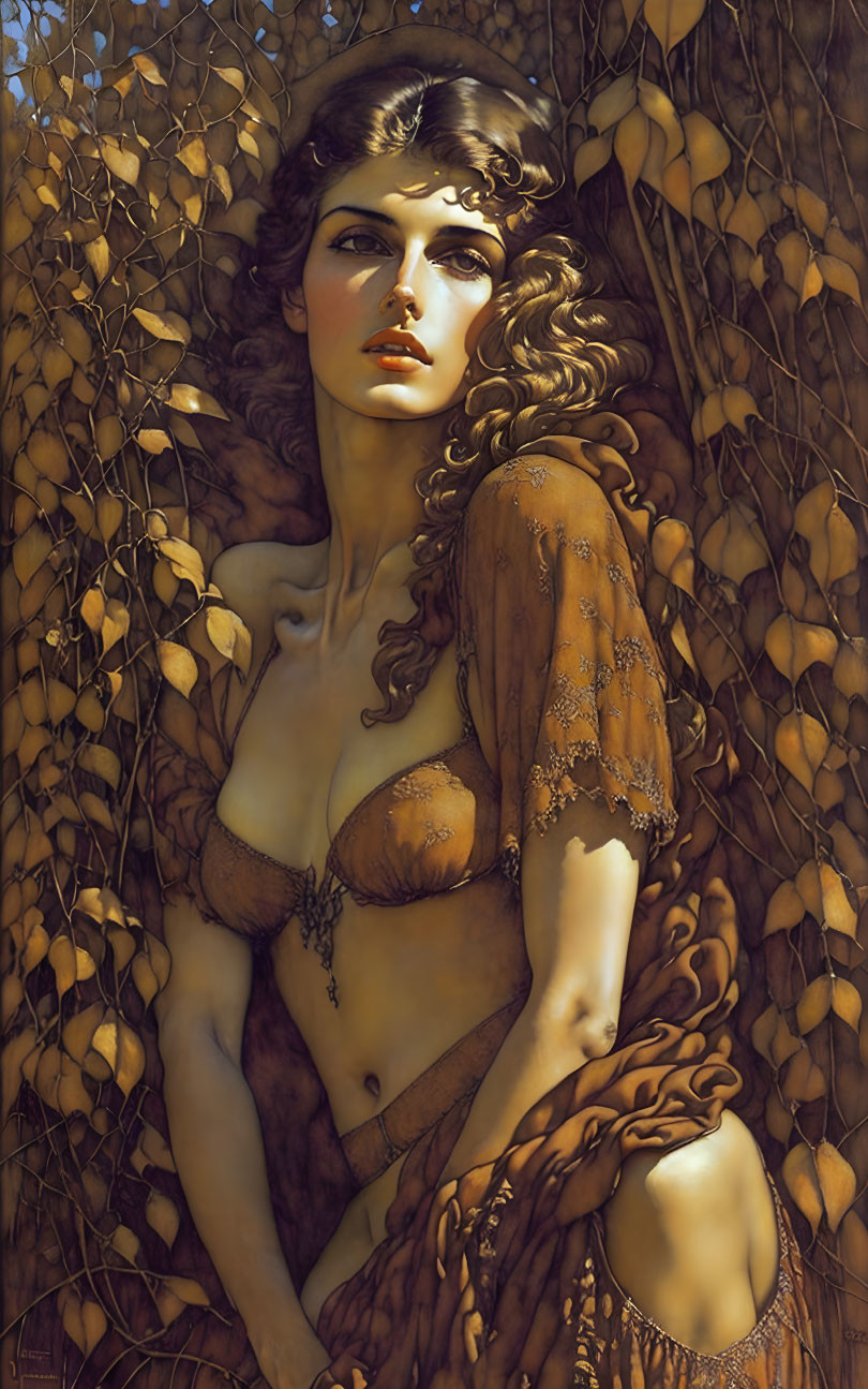 Woman with flowing hair in ornate dress among golden leaves