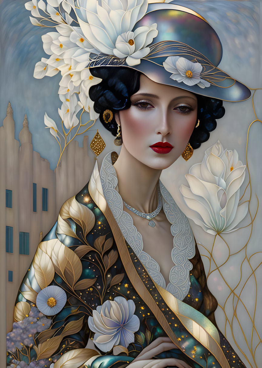 Stylized portrait of a woman in hat with flowers and pearl necklace