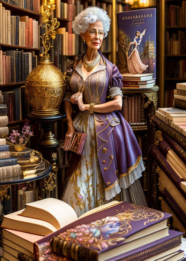 Elderly animated lady in purple and gold outfit in grand library.