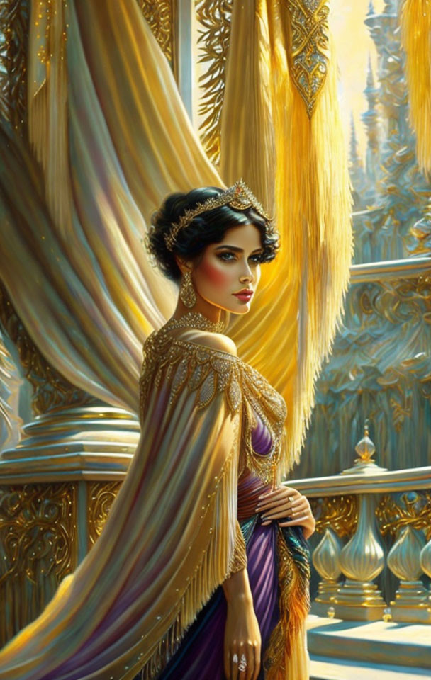 Regal woman in jeweled tiara gazes in ornate golden room