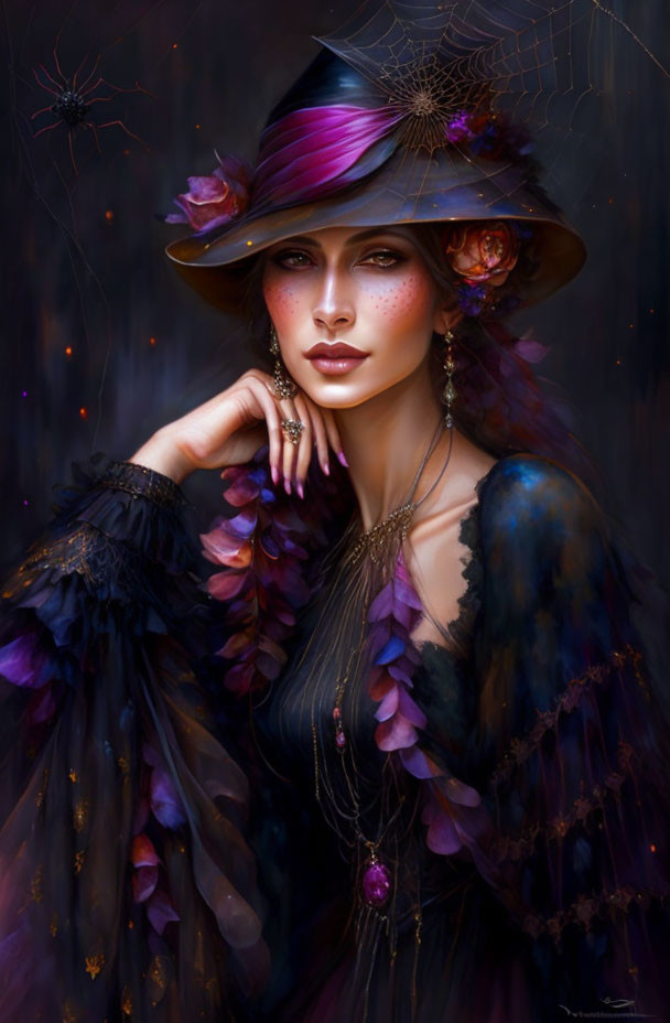 Portrait of woman with purple hair and spider-themed hat in elegant, dark attire.