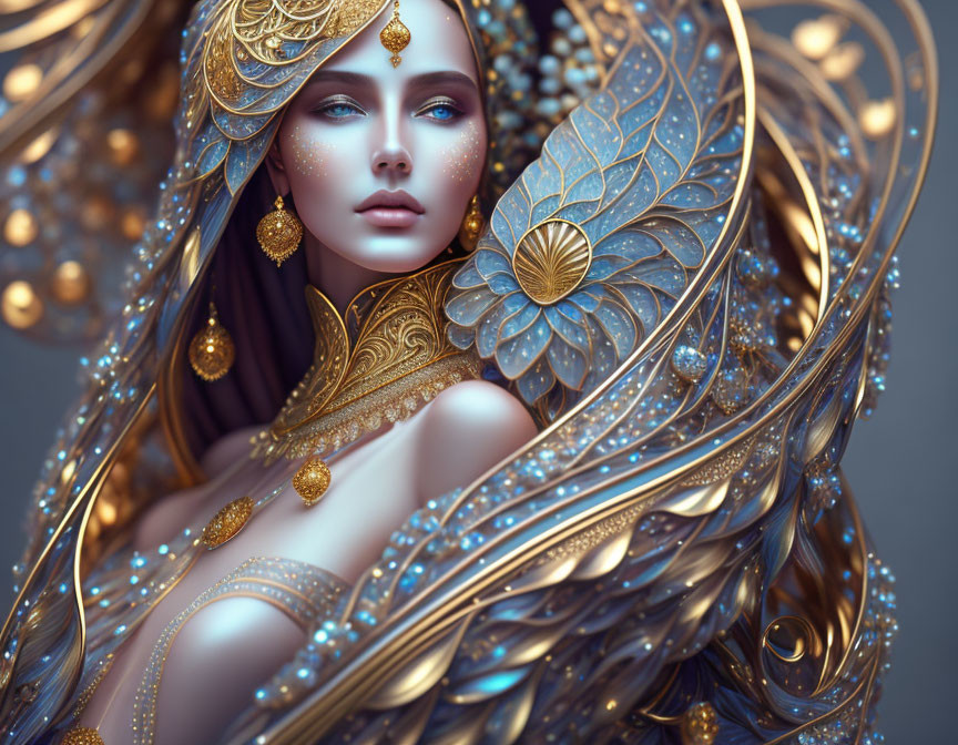 Ethereal woman with golden headdress and intricate patterns