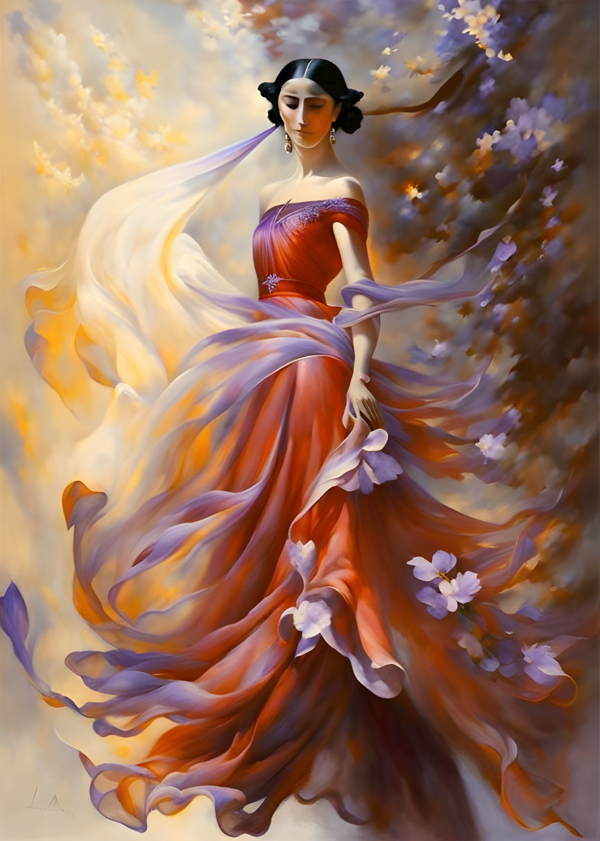 Woman in flowing orange dress with blossoms and veil in gentle breeze on dreamy backdrop