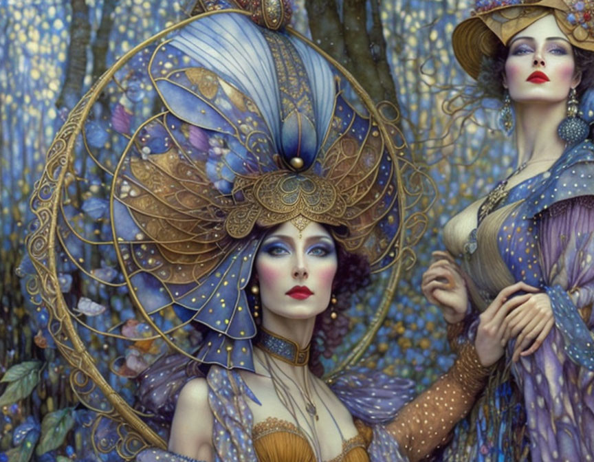 Fantastical women in ornate blue and golden headwear with mystical floral backdrop