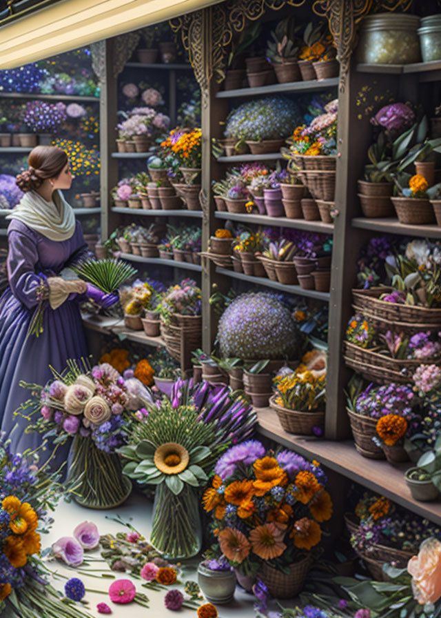 Woman arranging colorful flowers in cozy flower shop