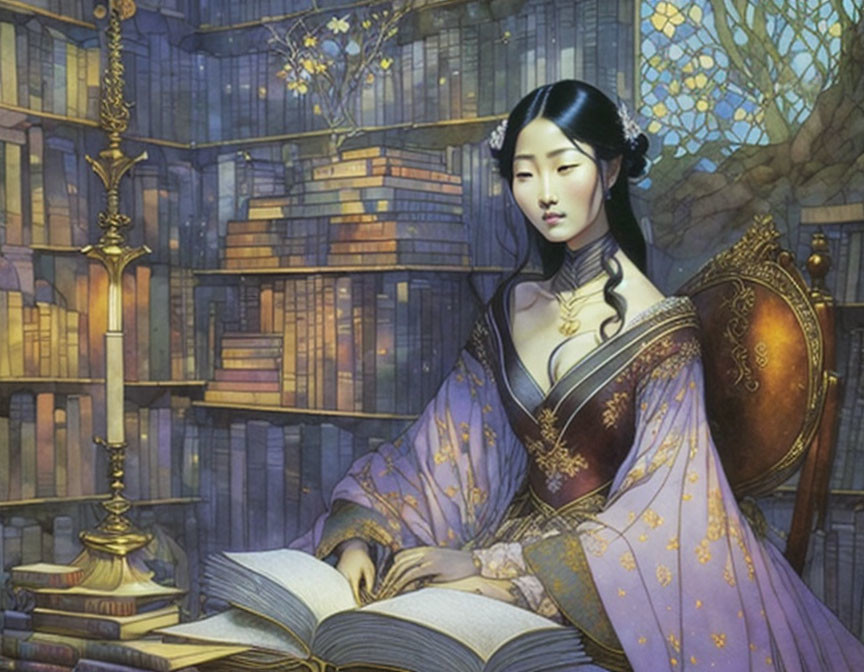 Elegant woman reading in grand library with towering bookshelves