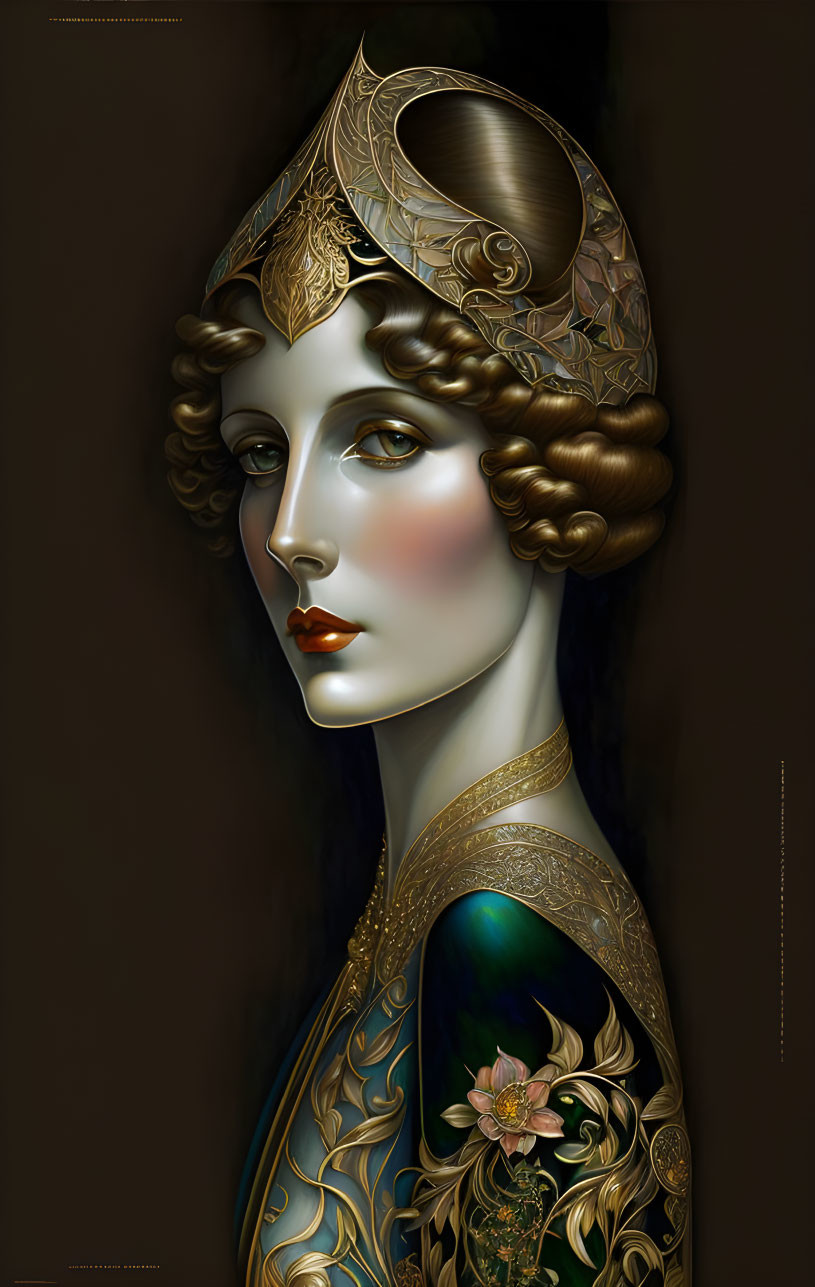 Vintage headdress and intricate golden patterns on woman with floral shoulder piece