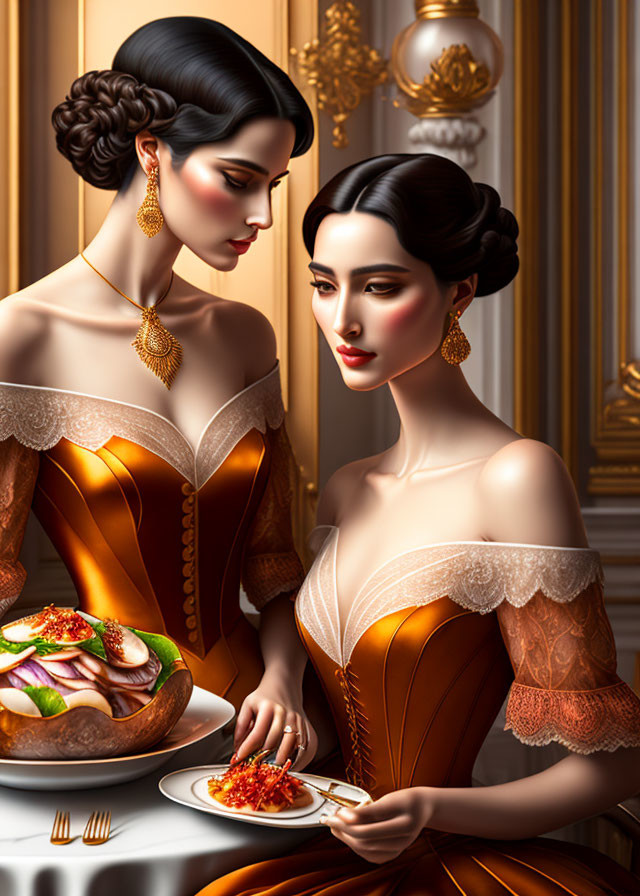 Elegant women in golden gowns at fancy table with dessert